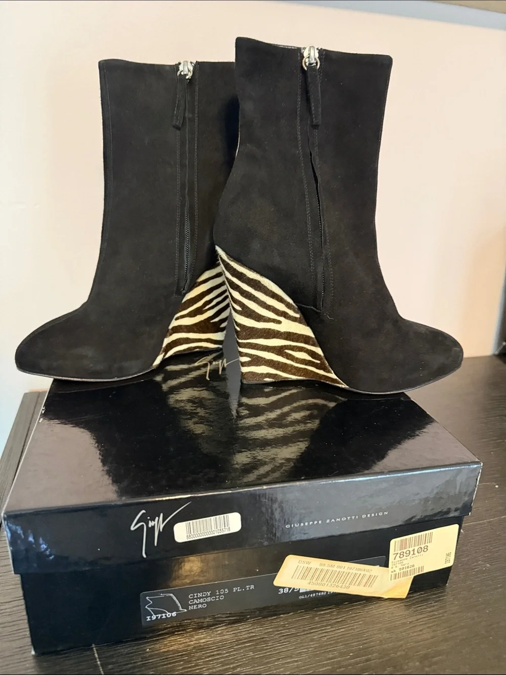 Giuseppe Zanotti Black Suede Ankle Booties with Zebra Wedge